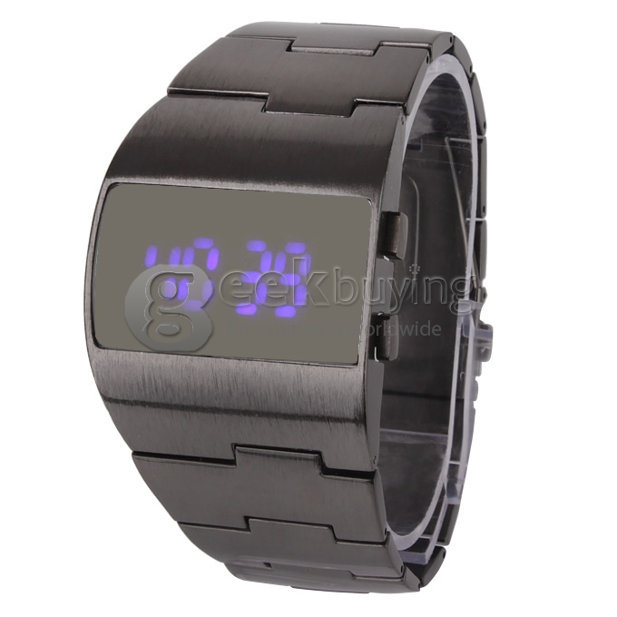 Unisex Stainless Steel Digital LED Wrist Watch Timepiece with Blue Light - Black