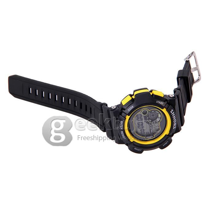 SHHORS SH-756 Men's 30M Water Proof LCD Digital Sport Watch Stopwatch Timepiece with Alarm Clock Calendar - Yellow 