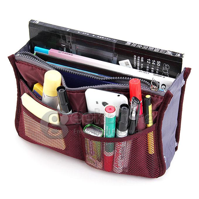 Nylon Handbag Insert Cosmetic Gadget Purse Organizer - Wine Red