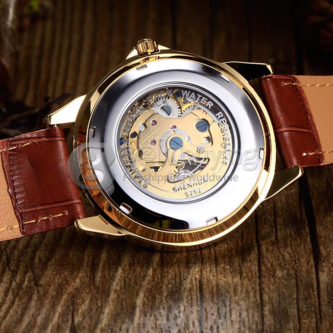 Men's PU Band Analog Mechanical Wrist Watch with Gold Dial - Brown 