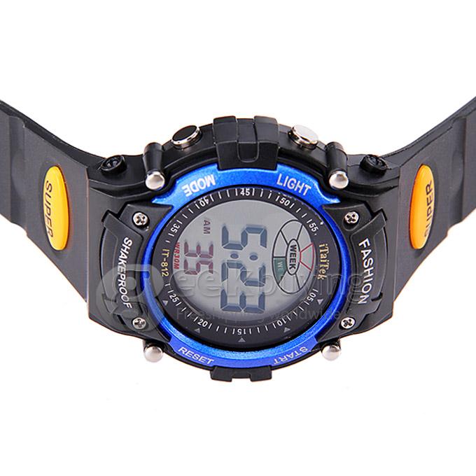 iTaiTek 812 Multi-function Round Digital Sports Watch with Plastic Strap & Week Display & Alarm Clock - Yellow + Blue