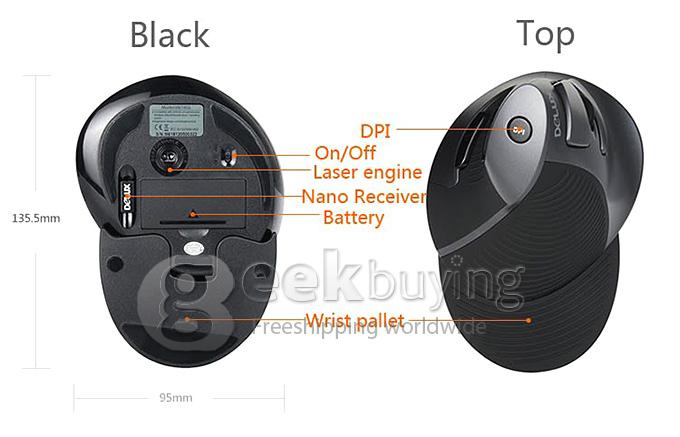 DELUX M618GX Healthy Volute Design ANTI-Fatigue 2.4GHz Wireless 1600DPI Vertical Laser Mouse - Grey Black (2 x AAA)