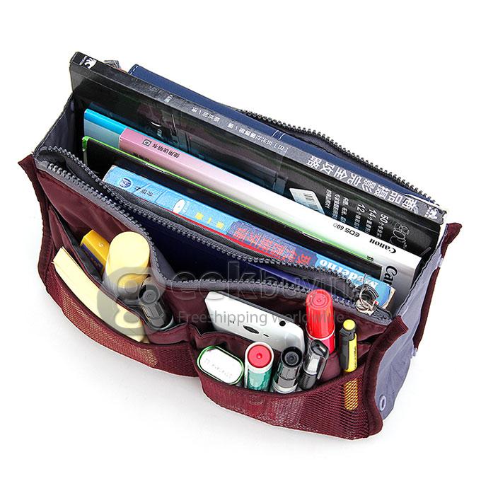 Nylon Handbag Insert Cosmetic Gadget Purse Organizer - Wine Red