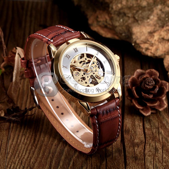 Men's PU Band Analog Mechanical Wrist Watch with Gold Dial - Brown 