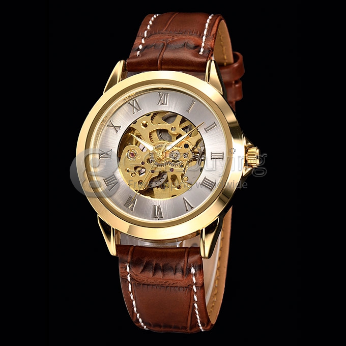 Men's PU Band Analog Mechanical Wrist Watch with Gold Dial - Brown 
