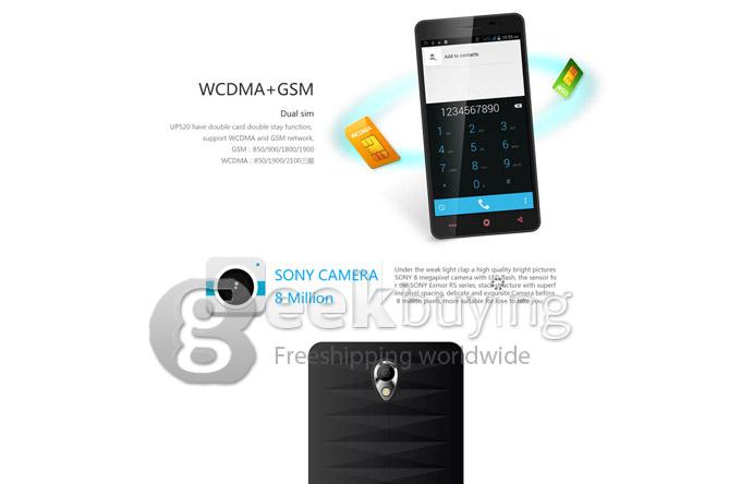 UHAPPY UP520 MTK6582 Quad Core 1.3GHz 5.0Inch Android 4.4.2 Smartphone 1GB RAM 8GB ROM IPS QHD Screen 8.0MP 3G GPS - Black