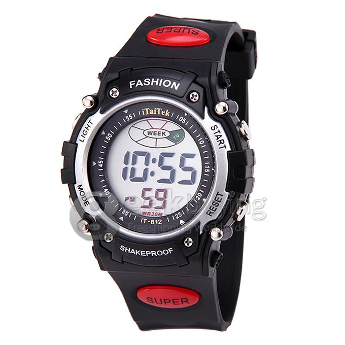 iTaiTek 812 Multi-function Round Digital Sports Watch with Plastic Strap & Week Display & Alarm Clock - Red + Silver