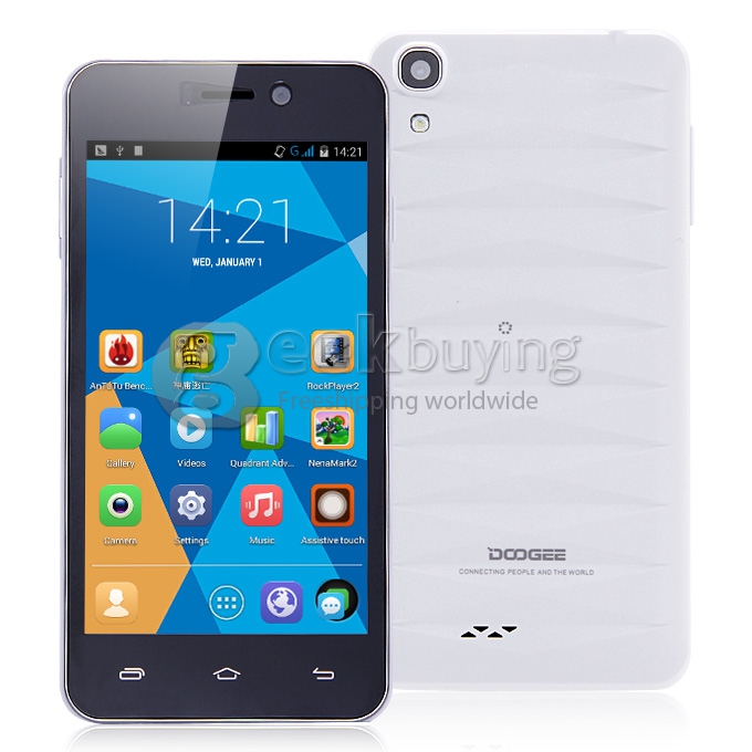 [HK Stock]Doogee  DG800 MTK6582 Quad Core 1.3GHz 4.5 Inch Android 4.4 OS Smartphone 1GB RAM 8GB ROM IPS QHD Screen 13.0MP 3G GPS OTG OTA Back Touch - White