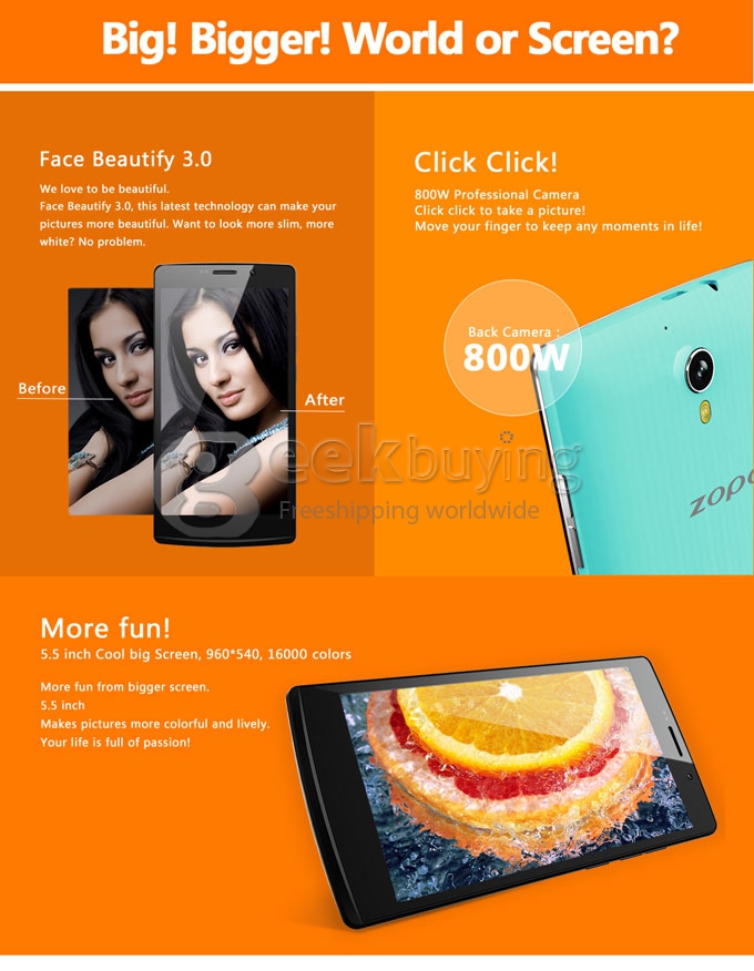 ZOPO C5 MTK6582 Quad Core 1.3GHz 5.5 Inch Android 4.4 OS Smartphone 1GB RAM 8GB ROM 4G FDD-LTE 8.0MP IPS QHD Screen OTG/GPS White