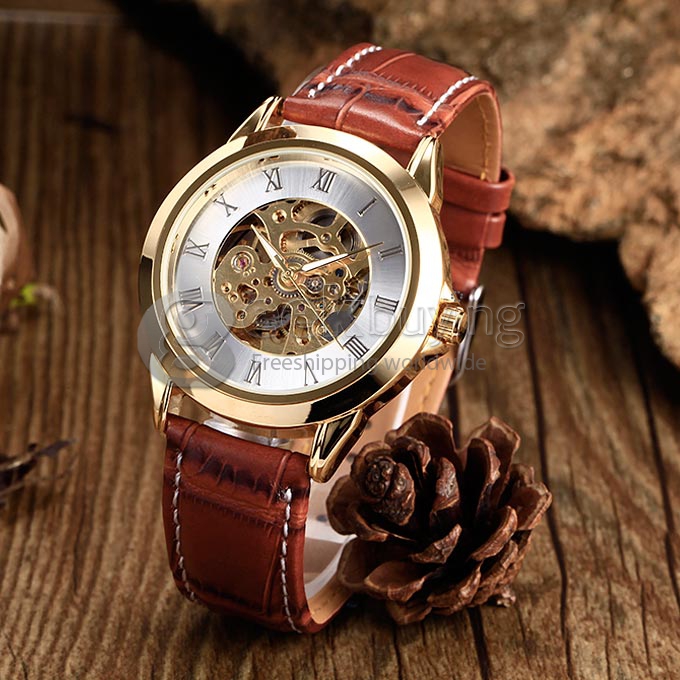 Men's PU Band Analog Mechanical Wrist Watch with Gold Dial - Brown 