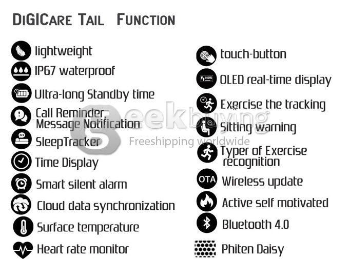 Digicare ERI Bluetooth 4.0 Smart Bracelet Wristband IP67 Heart Rate Monitor Smartband Thermometer Fitness Tracker - Black