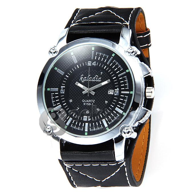 Kaladia 9150-1 Big Round Dial PU Strap Analog Quartz Dress Wrist Watch for Man - Black