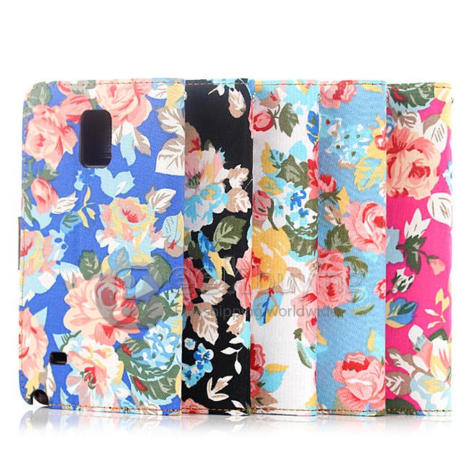 New Style Flower Pattern Wallet Leather Case Interlayer Cover for Samsung Galaxy Note 4 - Dark Blue