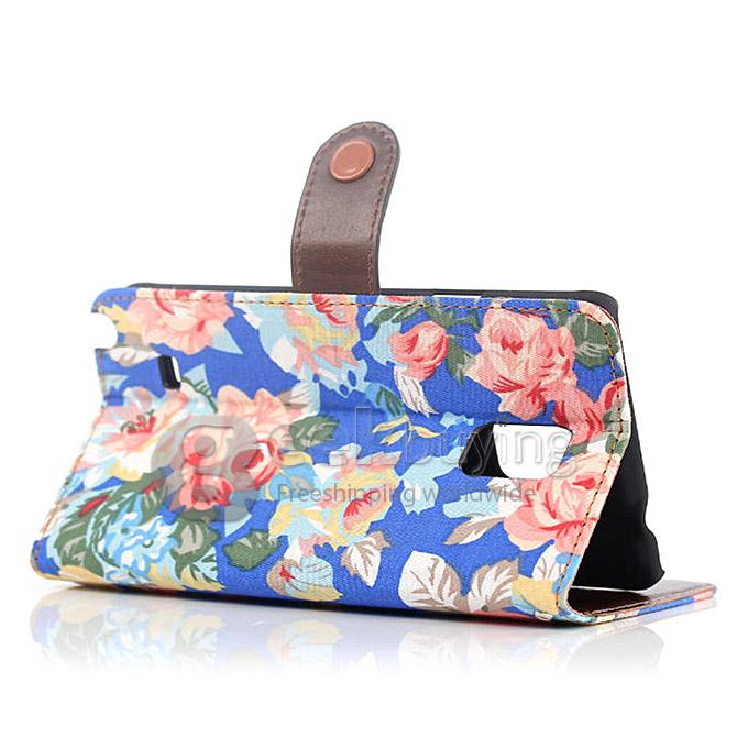 New Style Flower Pattern Wallet Leather Case Interlayer Cover for Samsung Galaxy Note 4 - Dark Blue