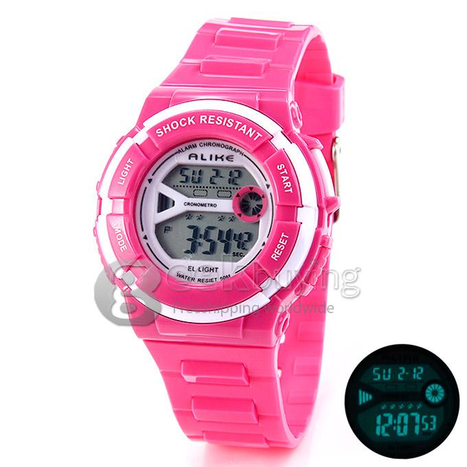 ALIKE A14103 Unisex LED Digital Quartz Rubber Strap 50 Meters Waterproof Sport Utility Wrist Watch - Pink