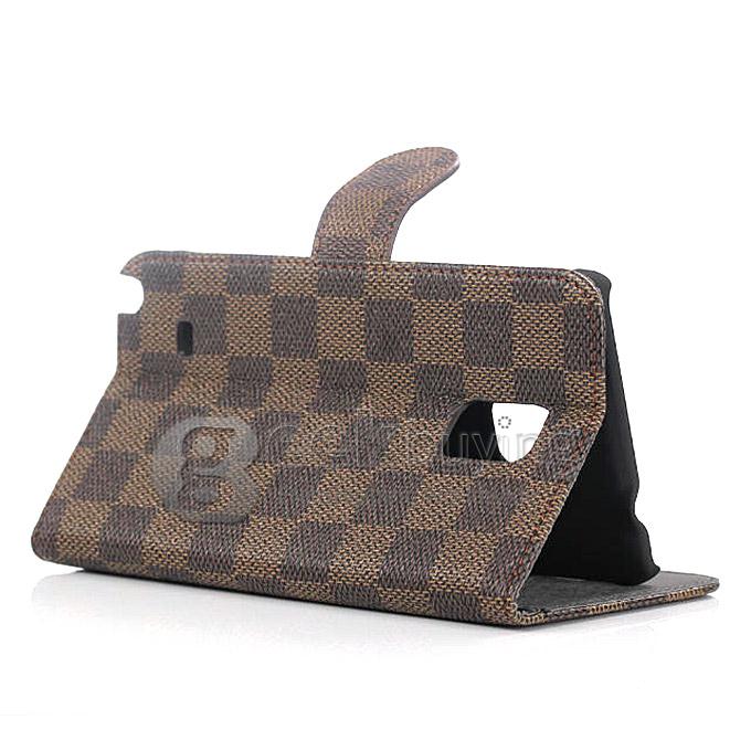 Brand New Luxury Plaid Pattern PU Wallet Stand Leather Case for Samsung Galaxy Note 4 - Brown