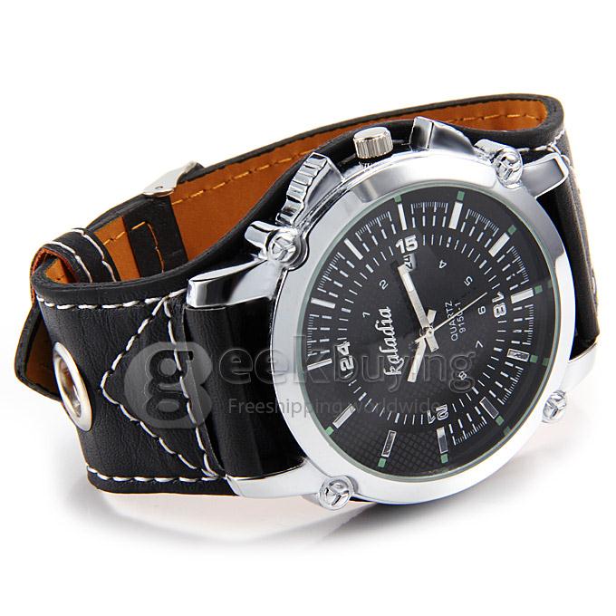 Kaladia 9150-1 Big Round Dial PU Strap Analog Quartz Dress Wrist Watch for Man - Black