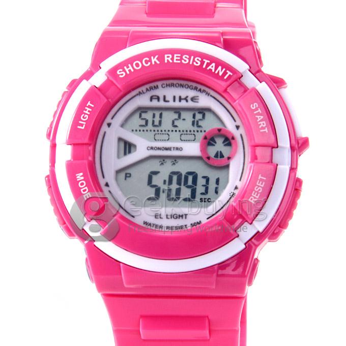 ALIKE A14103 Unisex LED Digital Quartz Rubber Strap 50 Meters Waterproof Sport Utility Wrist Watch - Pink