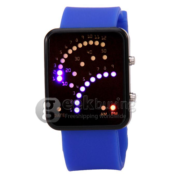 Color Band 29 Blue and Red LED Sector Pattern LED PU Strap Wrist Watch for Woman - Blue