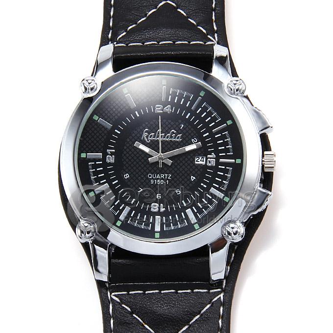 Kaladia 9150-1 Big Round Dial PU Strap Analog Quartz Dress Wrist Watch for Man - Black