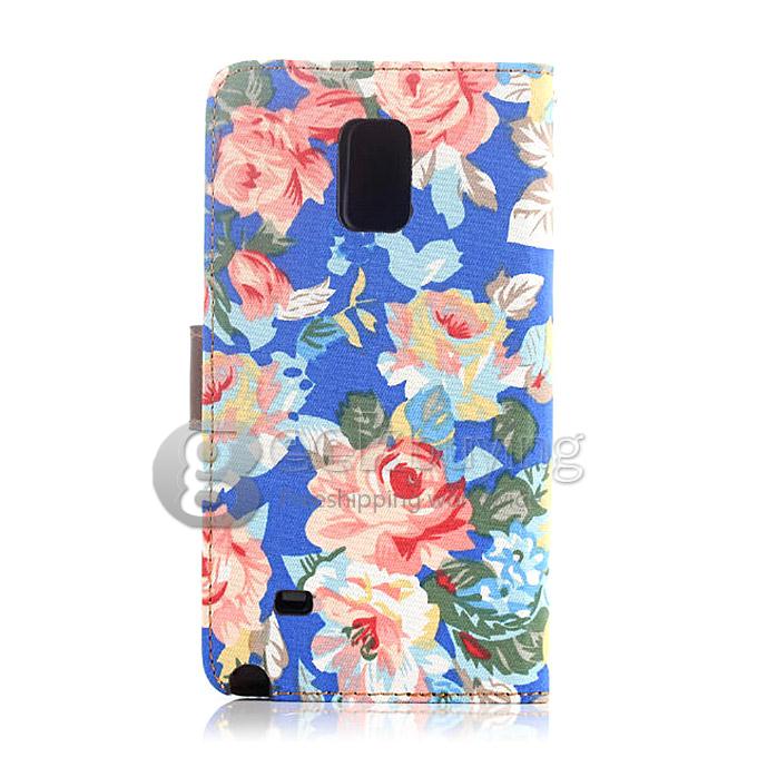 New Style Flower Pattern Wallet Leather Case Interlayer Cover for Samsung Galaxy Note 4 - Dark Blue