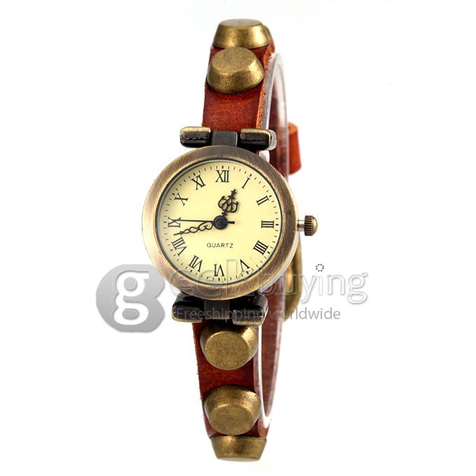Women's Fashion Round Dial Braid Leather Strap Analog Quartz Nail Style Bracelet Watch - Orange