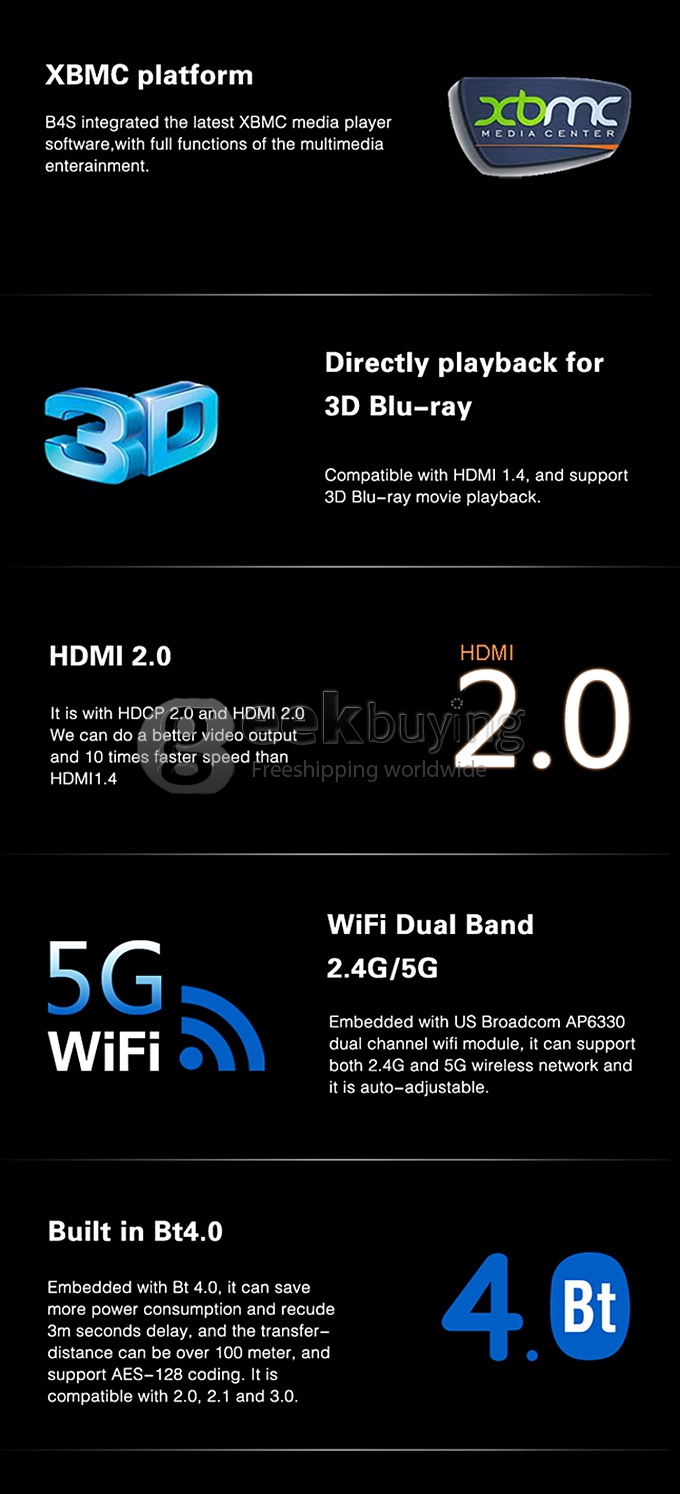 Measy B4S RK3288 Quad Core 1.8GHz Android 4.4 Mini 4K TV Box HDMI 2.0 HDD Player 2G/8G H.265 2.4G/5G WIFI Bluetooth 4.0 XBMC - Black