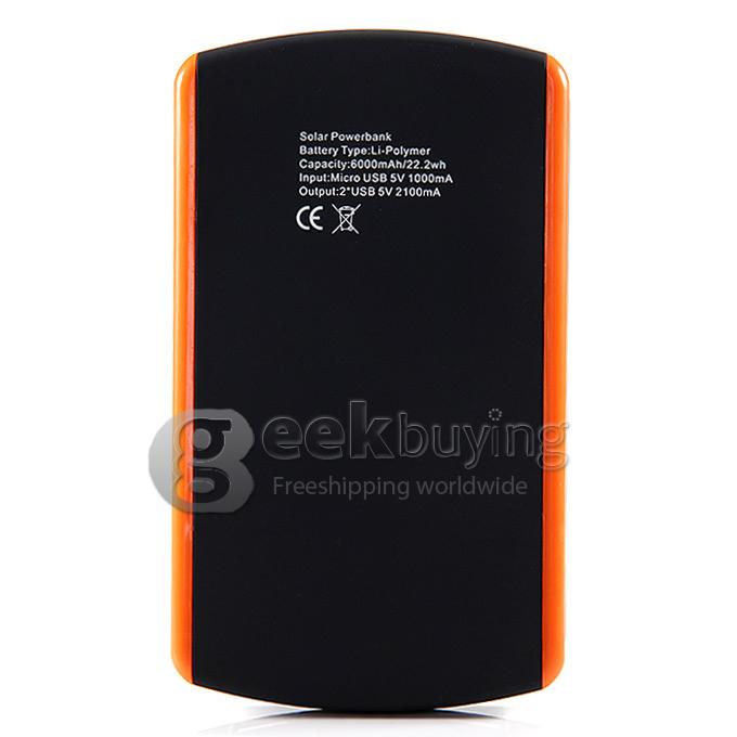 6000mAh Dual USB 5V/2.1A High Quality Power Bank Solar Battery Charger for Phone Tablet Camera Device - Orange