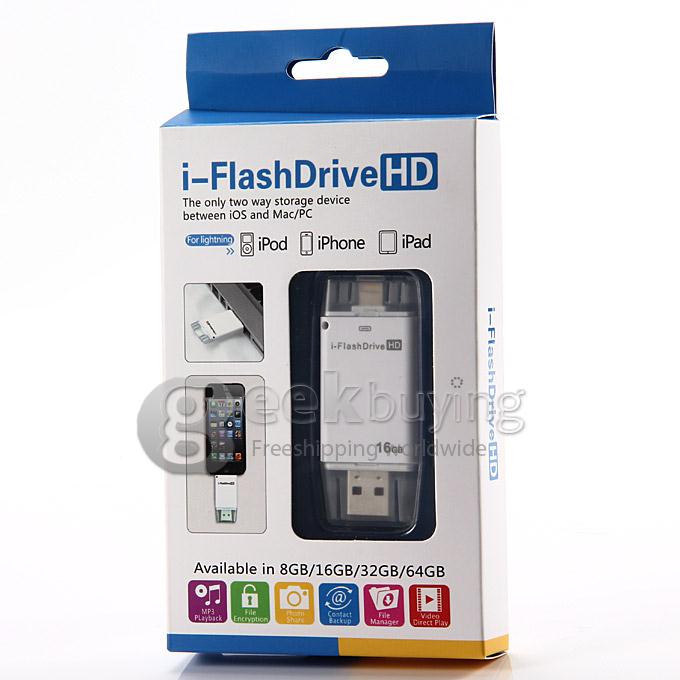 i-Flash HD Drive 16GB USB + 8-pin Port Flash Drive Memory Stick for iPad iPod iPhone5s iPhone6 - White