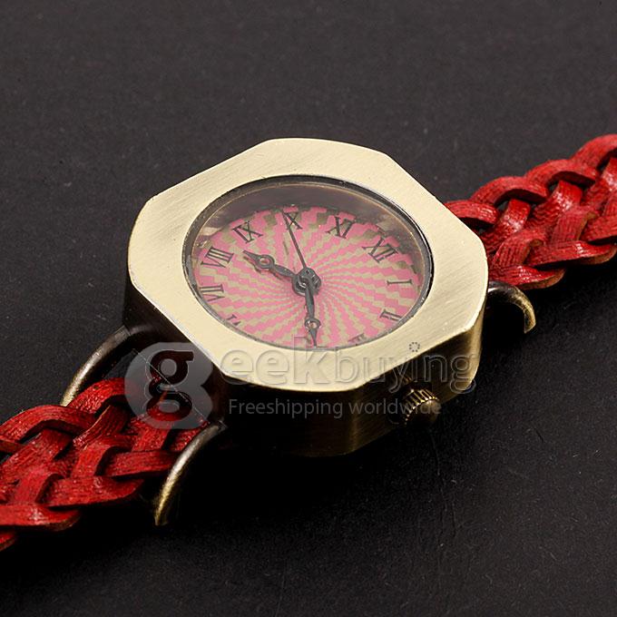 Women's Fashion Square Braid Leather Strap Vortex Analog Quartz Bracelet Watch - Red