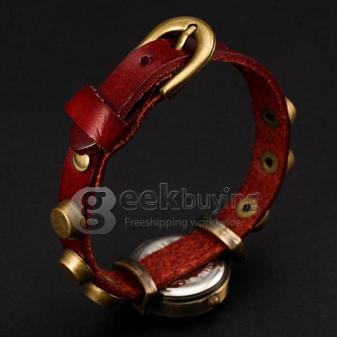 Women's Fashion Round Dial Braid Leather Strap Analog Quartz Nail Style Bracelet Watch - Orange