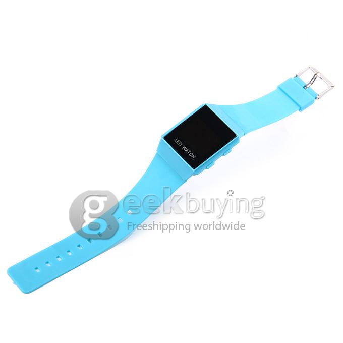 Unisex LED Digital Bright Colorful Square Case Silicone Strap Quartz Wrist Watch - Blue 