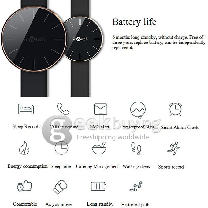 Waterproof inWatch Pi Bluetooth V4.0 Smart Watch Sapphire Glass Screen Support Calorie & Sports & Sleep Tracking - Black