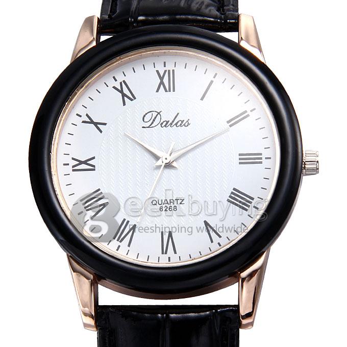 Dalas 6268 Women's Roman Numerals Crocodile Pattern Leather Strap Analog Quartz Wrist Watch - Black