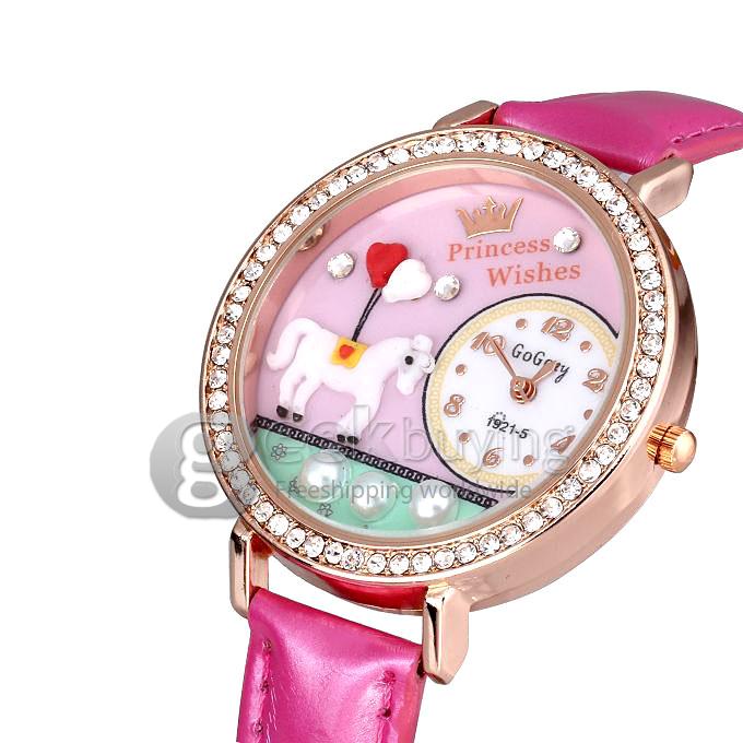 GOGOey1921 Women's Fashion 3D Pony Leather Strap Analog Quartz Watch with Diamond - Pink
