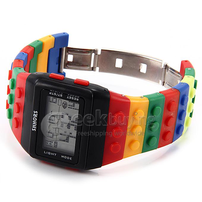 Unisex LED Colorful Block Brick Style Rubber Strap Digital Quartz Wrist Watch - Black and Red