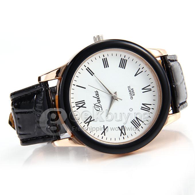 Dalas 6268 Women's Roman Numerals Crocodile Pattern Leather Strap Analog Quartz Wrist Watch - Black