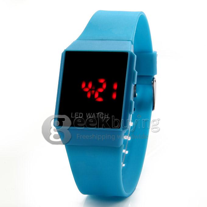 Unisex LED Digital Bright Colorful Square Case Silicone Strap Quartz Wrist Watch - Blue 