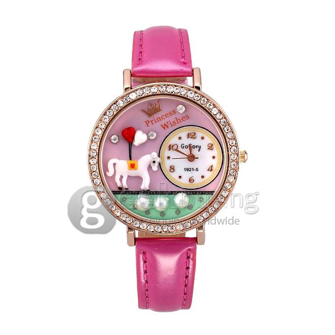 GOGOey1921 Women's Fashion 3D Pony Leather Strap Analog Quartz Watch with Diamond - Pink