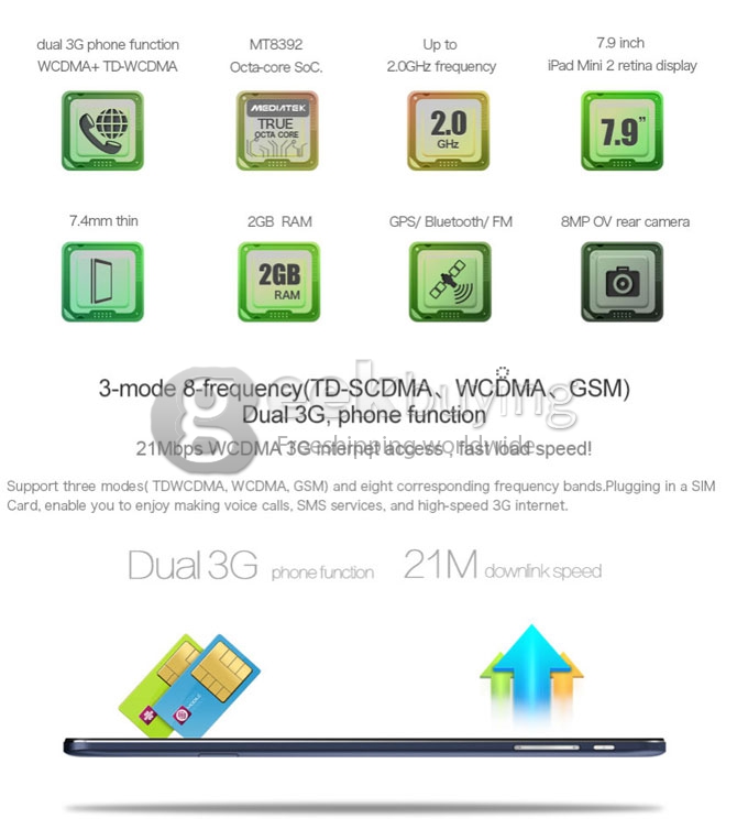Cube TALK79 U55GT-C8 MTK8392 Octa Core 1.7GHz 7.85 Inch Android 4.4 OS IPS Retina 2048*1536 3G/Bluetooth/GPS 2GB+16GB Tablet PC