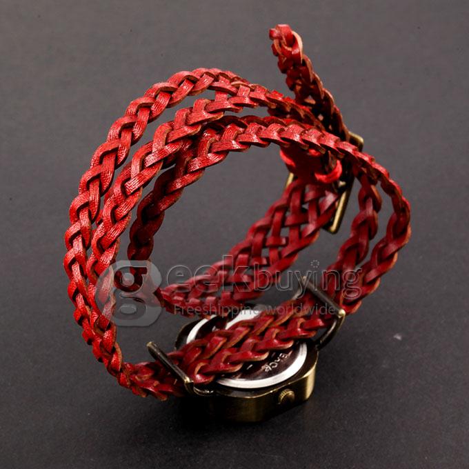 Women's Fashion Square Braid Leather Strap Vortex Analog Quartz Bracelet Watch - Red