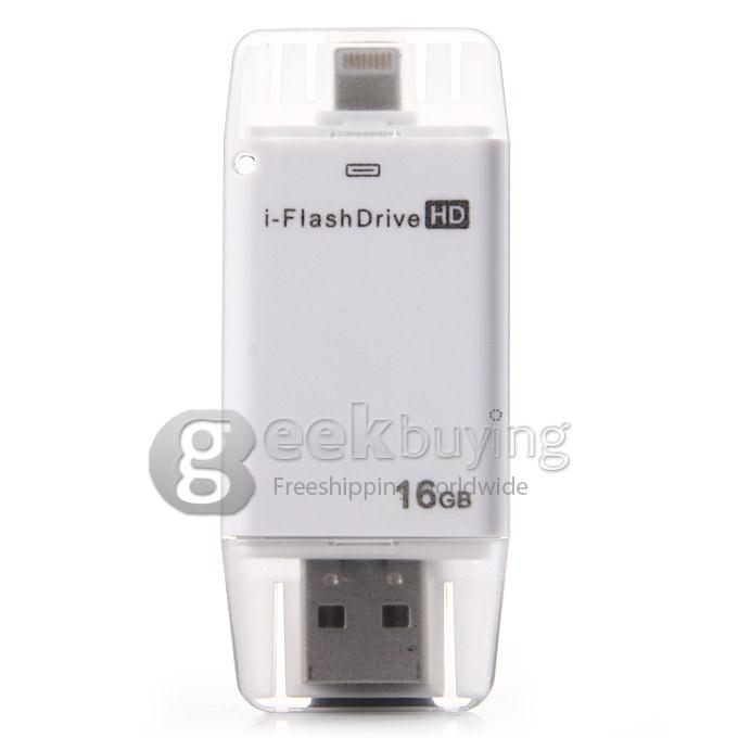i-Flash HD Drive 16GB USB + 8-pin Port Flash Drive Memory Stick for iPad iPod iPhone5s iPhone6 - White