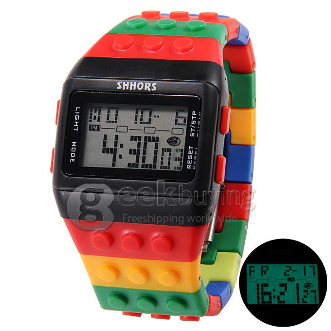 Unisex LED Colorful Block Brick Style Rubber Strap Digital Quartz Wrist Watch - Black and Red