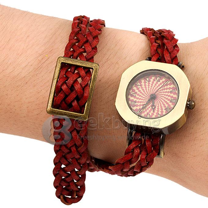Women's Fashion Square Braid Leather Strap Vortex Analog Quartz Bracelet Watch - Red