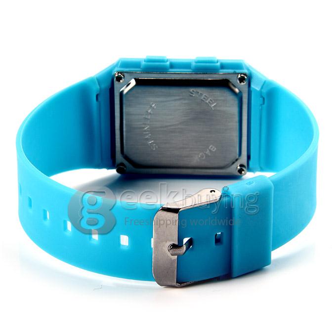 Unisex LED Digital Bright Colorful Square Case Silicone Strap Quartz Wrist Watch - Blue 