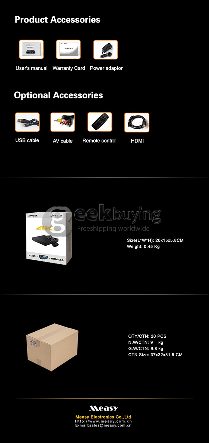 Measy B4S RK3288 Quad Core 1.8GHz Android 4.4 Mini 4K TV Box HDMI 2.0 HDD Player 2G/8G H.265 2.4G/5G WIFI Bluetooth 4.0 XBMC - Black