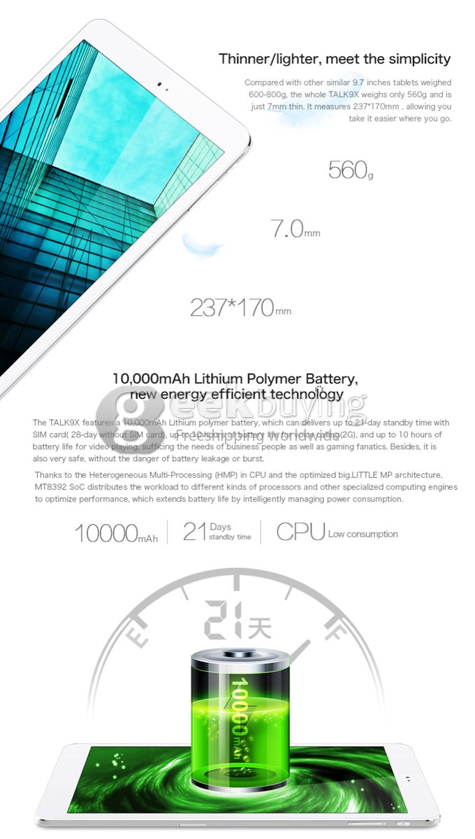 Cube Talk 9X U65GT 3G Phablet Android 4.4 9.7 Inch 2GB/16GB MTK8392 Octa Core 1.7GHz Phone Call Tablet PC 10000mAh Battery IPS 2048*1536 GPS - White