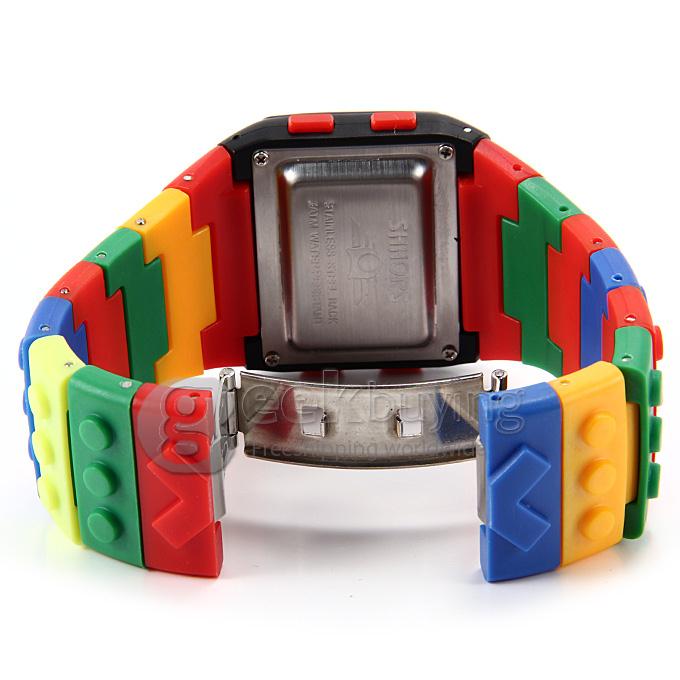 Unisex LED Colorful Block Brick Style Rubber Strap Digital Quartz Wrist Watch - Black and Red