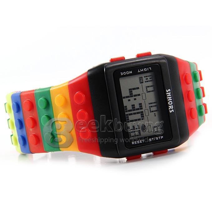 Unisex LED Colorful Block Brick Style Rubber Strap Digital Quartz Wrist Watch - Black and Red