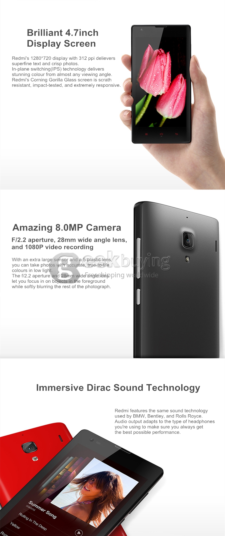 Xiaomi Redmi 1S Qualcomm Quad Core 1.6GHz 4.7 Inch MIUI V5 OS Smartphone 1GB RAM 8GB ROM 8.0MP IPS HD OTG Gyroscope Black